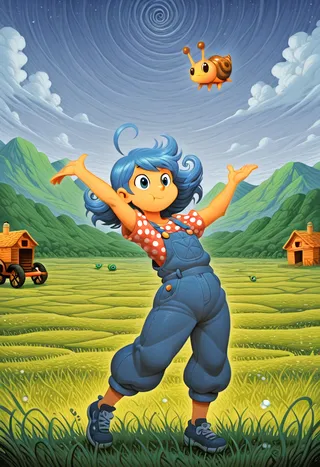 A blue-haired girl wearing polka-dot overalls joyfully stands in a surreal countryside with checkerboard grass, candy-striped barns, and a cute snail flying nearby under a swirling sky.