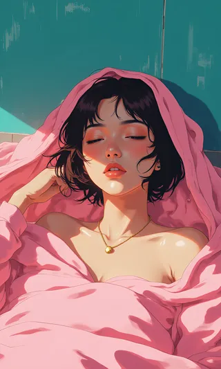Portrait of a young woman lying back, partially covered by a pink blanket, wearing a gold necklace with closed eyes and serene expression against a teal wall.