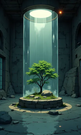 Futuristic indoor space featuring a large cylindrical glass enclosure containing a lush green tree, rocks, and mist inside a stone-walled room.