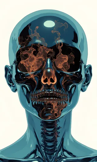 Close-up portrait featuring a bald figure with translucent skin revealing intricate anatomy beneath a polished black glass skull with dynamic brown and cyan swirling smoke inside, set against a white background.
