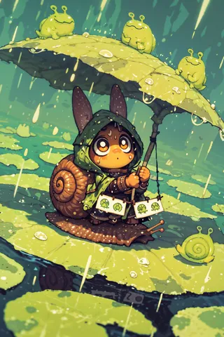 Cute bunny-eared snail rider holding a large leaf umbrella with small frog-like creatures on it, sitting on a lily pad in the rain.
