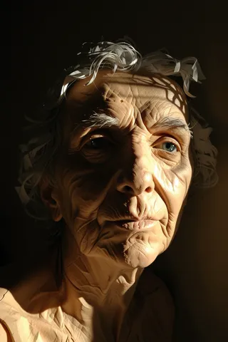 Portrait of an older woman with a face and hair made of crumpled paper, highlighted by dramatic chiaroscuro and shadowplay.