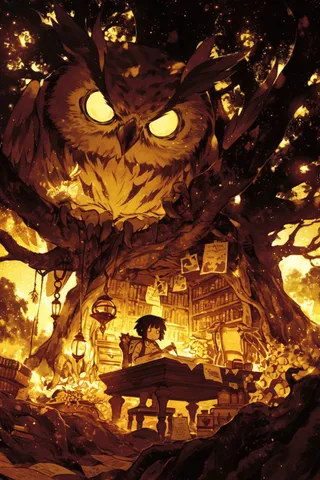 A glowing owl with fierce eyes watches over a cozy treehouse library where a young person writes at a wooden desk.