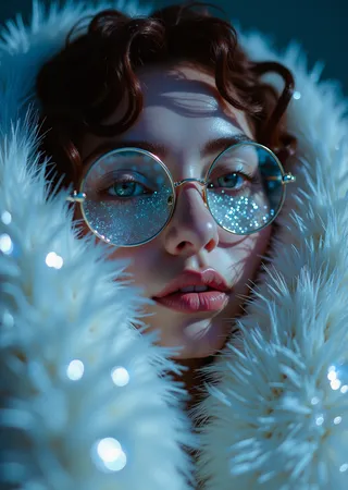 Close-up portrait of a woman wrapped in oversized white faux fur with ice crystals on her eyelashes and collar, wearing round glasses reflecting sparkles, under cold blue lighting.