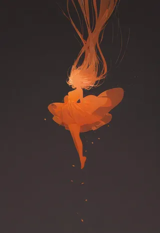 A girl wearing a flowing orange dress floats gracefully against an inverted dark background, illuminated with triadic spot colors.