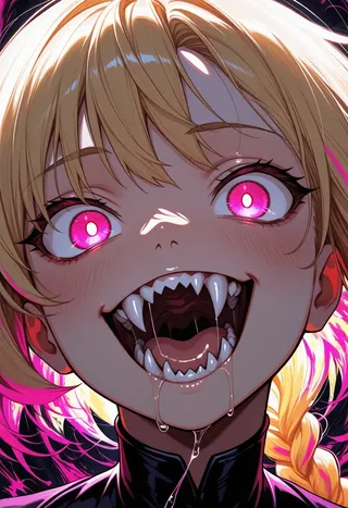 Close-up portrait of a vampire girl with glowing pink eyes, sharp fangs, blonde hair with colored streaks in a braid, drooling, and an intense crazed expression.