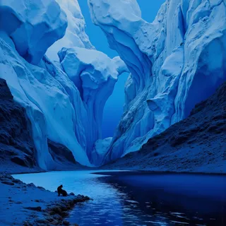 Surreal blue Icelandic river scene with towering ice formations and a black panther sitting by the water's edge under a clear sky.