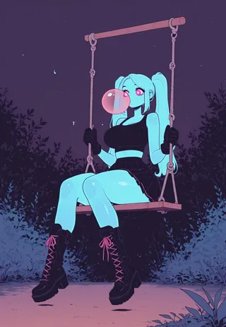 A ghost girl with blue translucent skin sitting on a swing at nighttime, blowing a huge pink bubble gum bubble, wearing a crop top, skirt, gloves, and thick boots with pink laces, surrounded by foliage.
