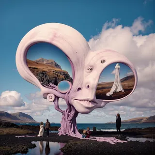 Surreal sculpture of a large pale demon face with deep pink elongated shapes and Icelandic coastal landscape inside eye cavities, with people nearby on rocky shore under blue sky.
