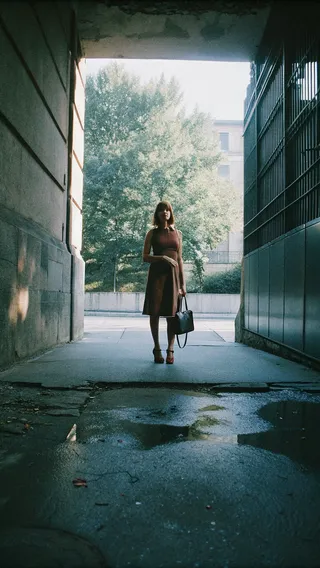 A slim European woman stands confidently wearing a brown dress, holding a leather handbag in an urban setting with natural lighting.