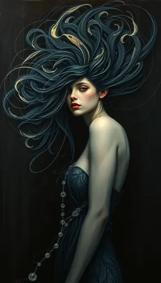 A dreamlike young hair queen with swirling dark hair featuring golden accents, set against a mysterious Turing Patterns background with parallax depth effect.