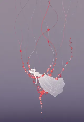 A floating girl wearing a flowing white dress surrounded by red floral vines against an inverted muted background, rendered in flat design with triadic colors and neon accents.