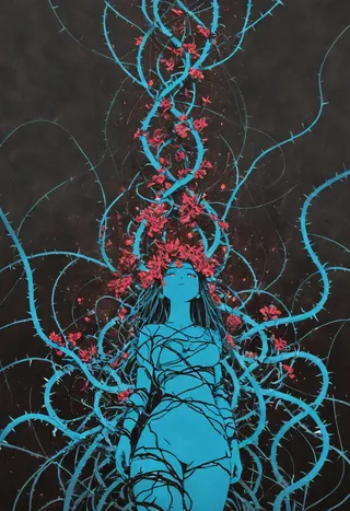 Blue-toned female figure symbolizing mother nature, wrapped in black vines with red flowers and thorns, set against a dark, inverted background.