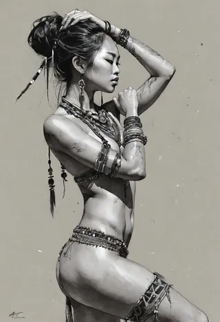 Black and white hyper detailed ink and watercolor illustration of an Asian female muse in a sensual dancing side pose, adorned with multiple tribal necklaces and bracelets on a neutral grey background.