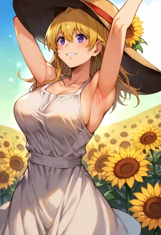 Anime-style blonde girl wearing a white sundress and a large sunhat with a sunflower, smiling happily in a bright sunflower field at sunset.