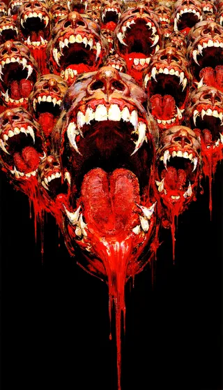 Cluster of grotesque, gaping mouths with jagged teeth and melting flesh in a crimson horror style, painted with chiaroscuro against a black void.