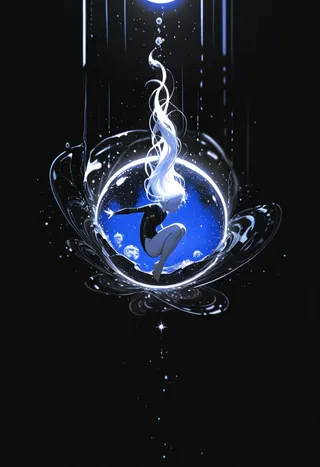 A white-haired girl in a black bodysuit floats underwater in a curled position surrounded by bubbles and a glowing blue planet with dramatic cosmic lighting.
