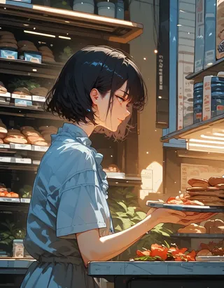 Young woman with short black hair and light blue shirt holding a tray of baked goods inside a bakery shop.