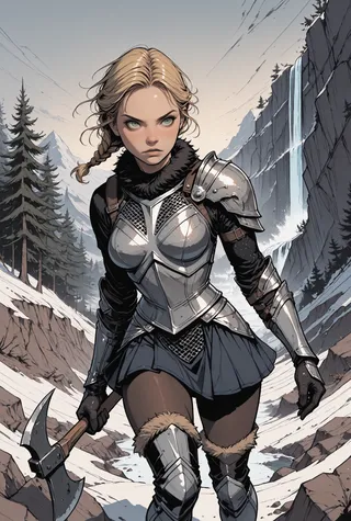 Determined female warrior with blonde braided hair and green eyes wearing silver armor and holding an axe, standing in a snowy mountainous landscape with a waterfall in the background.