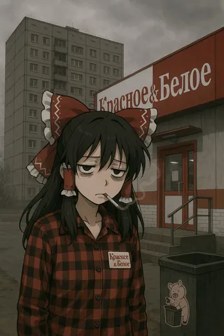 Reimu Hakurei wearing a red-and-black plaid shirt with a Krasnoe & Beloe badge, smoking a cigarette in front of a Krasnoe & Beloe store, with a Soviet-era apartment building and a grey overcast sky behind.