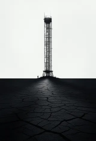 腐食した金属でできた背の高い骨格タワーが、ひび割れた平らな地面に一人で立っています。シーンはミニマリストで印象派風のスタイルで、柔らかな白い光が暗い背景に対してタワーの線形の形状を際立たせています。