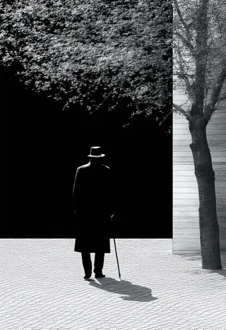 Silhouette of a Parisian flâneur with a hat and cane standing on a cobblestone street, against a black background with faint geometric patterns and a tree on the side.
