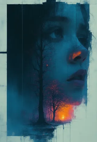 A surreal Bauhaus-inspired digital illustration combining a girl's face in indigo neon glow with an abstract urban and forest landscape featuring fiery orange highlights and bioluminescent fungus details.