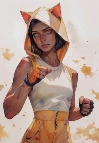 Portrait of a dark-skinned female fighter with short black hair and yellow eyes, wearing a white sleeveless top and a yellow cat ears hoodie in a fighting pose, rendered in detailed watercolor style.