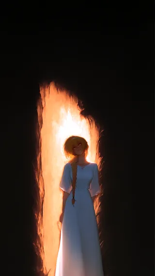 Silhouette of a girl with a long glowing blonde braid, dressed in a white dress, standing illuminated by warm volumetric light against a dark background.
