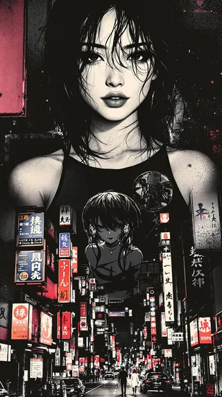 Photorealistic ink art poster featuring a closeup portrait of an oriental woman with disheveled hair wearing an anime crop-top, set above a vibrant night scene of a Japanese city street filled with neon Kanji signs and video screens.