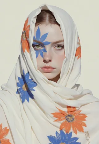 Portrait of a woman with pale skin and blue tribal makeup on her face, wrapped in a white sheer fabric adorned with large blue and orange flowers.