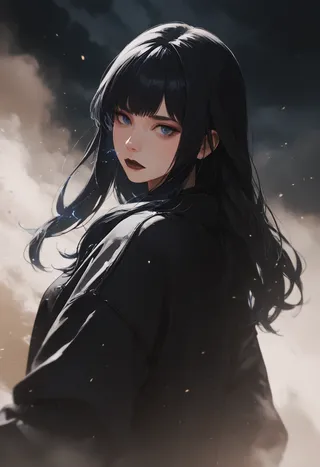 A young woman with long black hair and blue eyes looks disappointed with dark lipstick, set against a dark, electric background with dust particles and crepuscular rays.