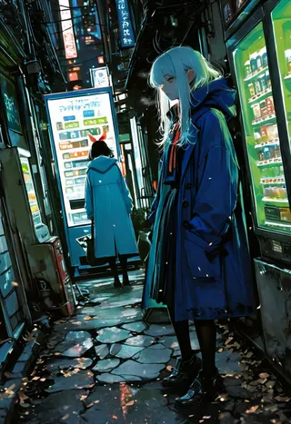 Two girls in a neon-lit, rainy alleyway at night, one with long white hair leaning near vending machines, and the other with black hair standing by a lit vending machine, surrounded by cracked pavement and urban decay.