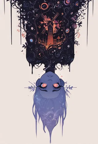 Abstract vector illustration of a blue-skinned girl upside down with swirling psychedelic patterns and a glowing windmill above her head.