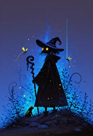 Silhouette of a wizard frog in a hat and robes holding a staff in a glowing magical forest with fireflies and blue particle effects
