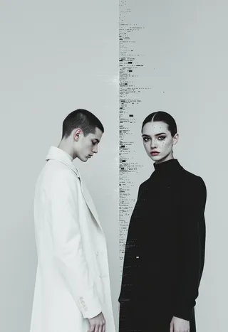 Two contrasting figures stand symmetrically divided by a glitchy digital portal; the left figure wears a long bright white coat with head bowed, the right figure in deep black clothing faces forward with freckles and intense eyes, set against a minimalist gray background.