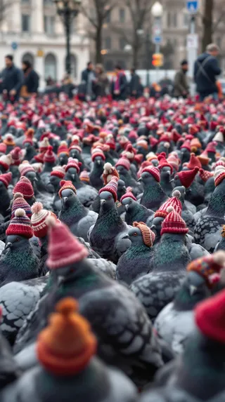 A large flock of pigeons gathered in a city square, each wearing tiny, colorful knitted hats, captured from an eye-level perspective.