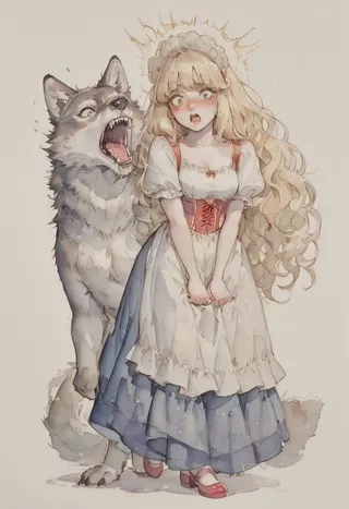 A detailed watercolor painting of a Victorian girl with voluminous blonde hair and green eyes yelling furiously at a scared wolf at her feet, set against a white background.