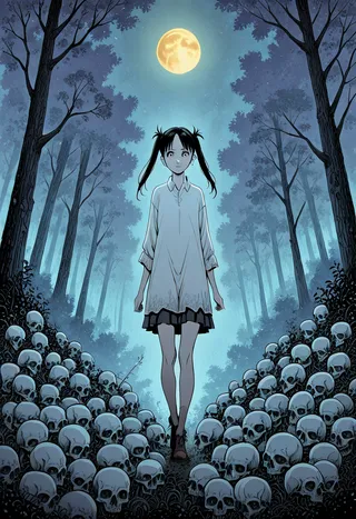 Stylized anime girl with twin tails stands in a moonlit forest path surrounded by numerous skulls, evoking a dark fantasy and horror manga atmosphere.