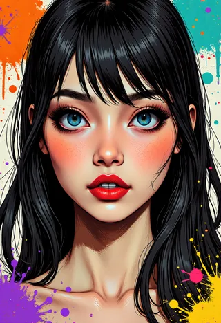 Close-up digital portrait of a young woman with bright blue eyes, messy black hair, vivid red lipstick, and a colorful abstract splattered background.