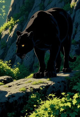 A black panther with glowing yellow eyes stands on a large textured boulder covered with patches of green moss, surrounded by lush foliage, with dramatic lighting casting sharp shadows.