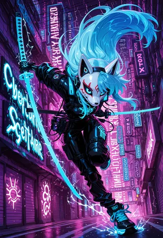 A dynamic cyberpunk scene featuring a girl wearing a white fox mask with red markings, wielding a glowing holographic katana, with electric blue hair flowing, dressed in black techwear, set against a neon-lit futuristic city alley at night.