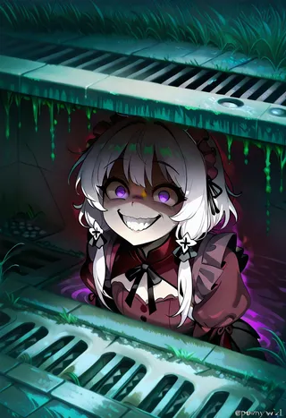 Anime girl with white hair and purple eyes smiling wickedly emerging from a storm drain in a dark, grimy sewer setting with vibrant colors.