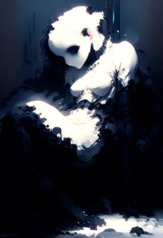 An abstract, glowing figure with a ghostly white head and torso, surrounded by dark glitch-like effects, appearing in pain or transformation.