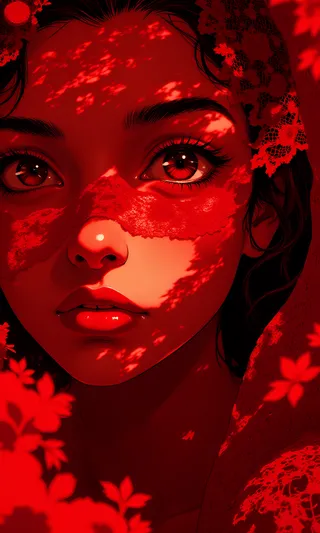 Extreme close-up portrait of a woman’s face in bold red tones with dramatic lighting, featuring a detailed red lace veil casting intricate shadows.