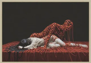A surreal horror scene with a gothic female figure lying on a red bedspread, overlain by a red, melting, vermis-like creature.