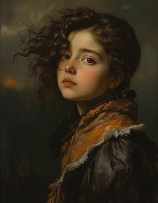 Oil painting of a young girl with delicate features, curly hair, and an ornate orange scarf, set against a dark background styled in the manner of Rembrandt.