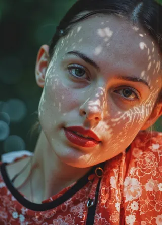 Close-up portrait of a young woman with dappled sunlight patterns on her face, wearing a red floral dress, with expressive eyes looking softly at the camera.