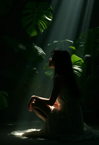 Silhouetted Asian woman crouching gently among large lush green leaves illuminated by soft, diffused light beams against a black background.
