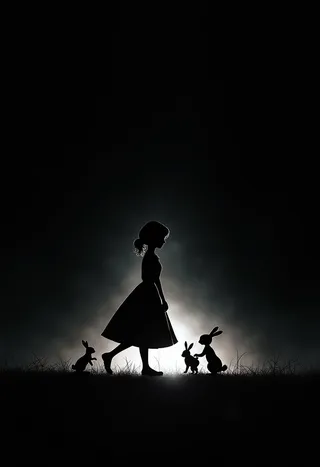 Leuchtende minimalistische Silhouette einer Mutter, die mit Kaninchen geht, vor einem dunklen, dezent von ätherischem weißem Licht erleuchteten Hintergrund.